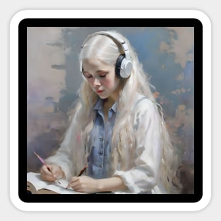 Blonde Girl With Headphones Reading Book B Sticker